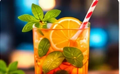 Drink colorido com frutas e canudo